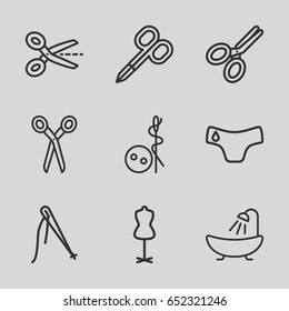 Tailor icons set. set of 9 tailor outline icons such as children panties, barber scissors, manicure scissors, needle button, shower, mannequin, scissors