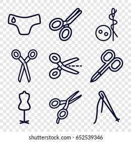 Tailor icons set. set of 9 tailor outline icons such as children panties, barber scissors, manicure scissors, needle button, mannequin, scissors
