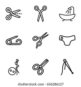 Tailor icons set. set of 9 tailor outline icons such as pin, children panties, barber scissors, needle button, shower, scissors