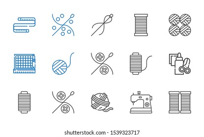 tailor icons set. Collection of tailor with thread, sewing machine, yarn ball, sewing, handcraft, wool ball, cutting, wool balls, measuring tape. Editable and scalable tailor icons.