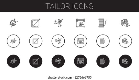 tailor icons set. Collection of tailor with wool ball, sewing, scissors, sewing box, thread, yarn ball. Editable and scalable tailor icons.