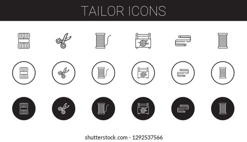 tailor icons set. Collection of tailor with wool, scissors, thread, sewing box, measuring tape. Editable and scalable tailor icons.