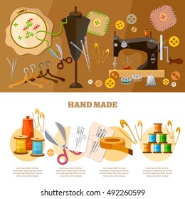 Tailor infographics hand made concept tailoring tools fashion houses atelier clothing vector illustration 