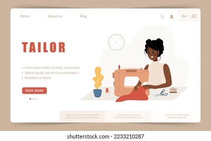 Planilla de la página de inicio del sastre o del banner web. Marineras africanas cosiendo ropa con máquinas de coser. Diseñador de moda o modista. Ilustración vectorial al estilo de las caricaturas planas.
