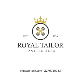 Tailor Logo. Crown with Black Circle Line Thread and Buttonhole Combination isolated on Background. Royal tailor vector logo