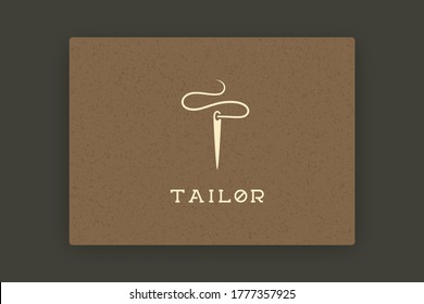 Tailor logo design. Minimal vintage needle and thread icon, sewing instrument silhouette, vector tailor logotype for branding label