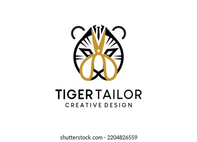 Tailor logo design with scissors and tiger head vector illustration concept