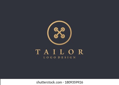 Tailor Logo. Gold Circle Line Thread and Buttonhole Combination isolated on Black Background. Usable for Garment and Handmade Logos. Flat Vector Logo Design Template Element.