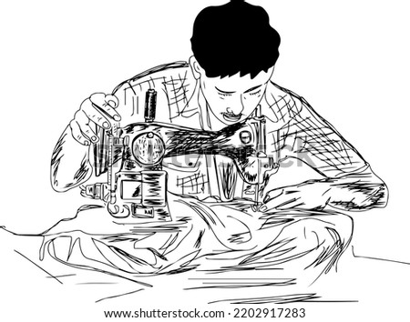 Tailor logo, Indian Tailor using old retro sewing machine sketch drawing, creative outline illustration of tailor using vintage sewing machine, tailor cartoon drawing