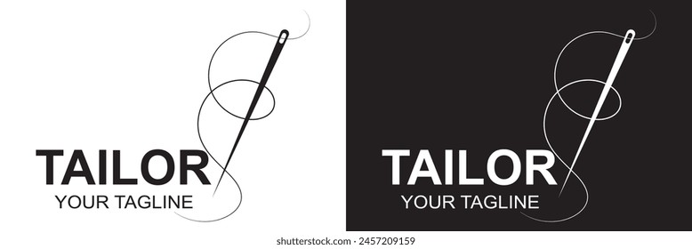 Tailor logo luxury needle and thread icon, sewing silhouette, vector illustration. EPS 10 .isolated on white and black background