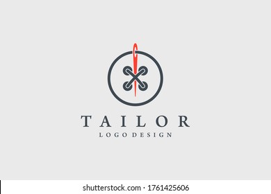 Tailor Logo. Red Needle with Black Circle Line Thread and Buttonhole Combination isolated on Vintage Background. Usable for Garment and Handmade Logos. Flat Vector Logo Design Template Element.