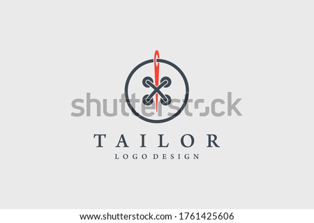 Tailor Logo. Red Needle with Black Circle Line Thread and Buttonhole Combination isolated on Vintage Background. Usable for Garment and Handmade Logos. Flat Vector Logo Design Template Element.