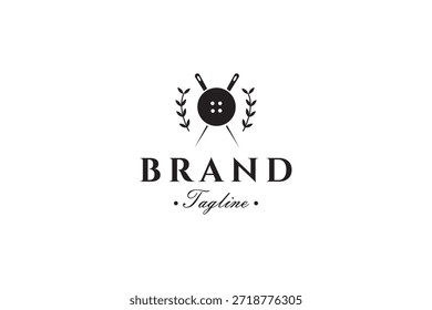Logotipo de sastre con aguja de coser y Botón en estilo de diseño de Vector plano