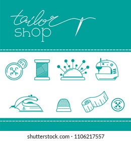 Tailor logo template. One line lettering concept illustration with collection sewing icons