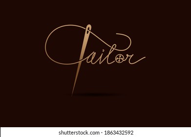 Tailor logo Text, thread and needle combination with gold colour line style , Flat Logo Design Template, vector illustration