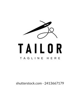 Tailor logo vector template needle and thread black silhouette design simple sewing tool product brand