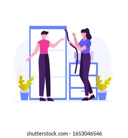 El sastre realiza una ilustración vectorial de pedido de ropa de un cliente, adecuada para página de inicio, ui, sitio web, aplicación móvil, editorial, afiche, volante, artículo y banner