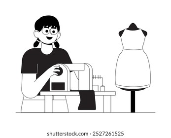 Tailor making clothes, sewing fabric on sewing machine, craft vector illustration.
