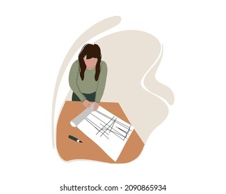 The tailor making a template. The dressmaker's hand with a pencil on the pattern and a ruler. Fashion designer, dressmaker, seamstress, sewing workshop or courses, tailoring concept. Flat vector.
