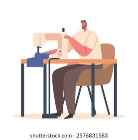 Tailor Male Character Sewing On Machine. Measuring Fabric, Cutting Pattern, Guiding Fabric Under Needle, Stitching