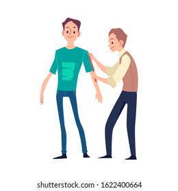 Tailor man cartoon character takes measurements from customer for tailoring flat vector illustration isolated on white background. Dressmaker or sewing master at work.