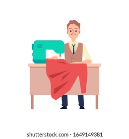 Tailor man sitting behind table with sewing machine holding red cloth fabric isolated on white background. Fashion designer working on garment - flat vector illustration