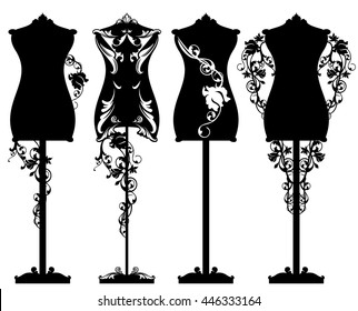 Tailor mannequin among rose flowers design set - black and white detailed luxurious outlines and silhouette