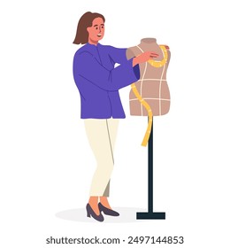 Tailor and mannequin. Dressmaker work with measuring tape and female torso model, dummy for sewing. Clothes designer and fabric manikin on stand. Flat vector illustration hand drawn.