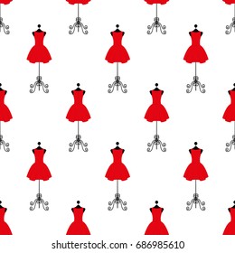 Tailor mannequin in red dress. Seamless pattern. Vector illustration on a white background. Swatch inside. Flat design style.
