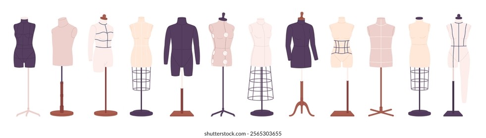 Tailor mannequins. Dummies sewing for male and female. Mannequin model, full body and torso. Equipment for dressmakers, designer, textile manufactures, racy vector set