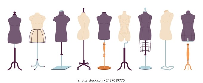 Tailor mannequins. Isolated unisex, female and male dummies. Equipment for fashion design and home needlework. Various body on stands, decent vector set