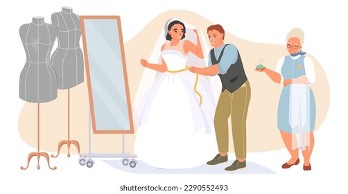 El patrón de sastre toma medida y ajuste de la novia bonita para la hermosa ilustración vectorial del vestido de novia. Fondo interior de estudio profesional