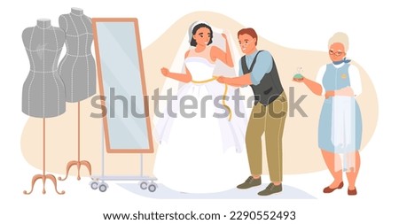 Tailor master taking measurement and fitting of pretty bride for beautiful wedding dress vector illustration. Professional atelier studio interior background