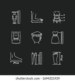 Tailor measurements chalk white icons set on black background. Human body proportions and product dimensions specification. Custom made, bespoke clothing. Isolated vector chalkboard illustrations