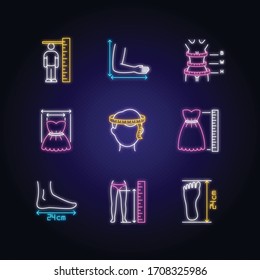 Tailor measurements neon light icons set. Human body proportions and product dimensions specification. Custom made clothing signs with outer glowing effect. Vector isolated RGB color illustrations