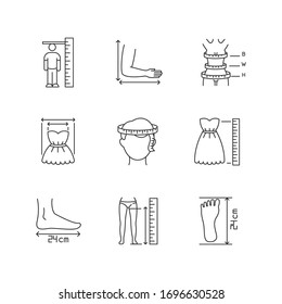 Ajuste de iconos lineales perfectos de píxeles para medidas a medida. Dimensiones del cuerpo y del producto. Ropa hecha a medida personalizable de los símbolos de contorno de línea delgada. Ilustraciones aisladas del contorno vectorial. Trazo editable