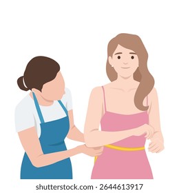 Tailor Measuring for Custom Dress Fit. Flat vector illustration isolated on white background