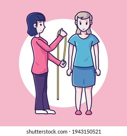 the tailor is measuring the customer's body. premium vector illustration