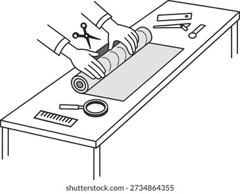Sastre de medición y corte de tela en Vector de mesa de trabajo