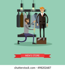 Tailor Measuring His Man Client To Make Custom Suit. Men's Fashion Concept. Clothes Shop Interior. Vector Illustration Banner In Flat Style Design.