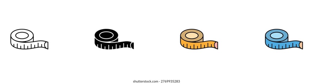 Tailor measuring tape and sewing meter icon set. Flexible ruler for body measurement and dressmaking. Vector illustrations of fashion design, fitness tracking, and construction tool concept.