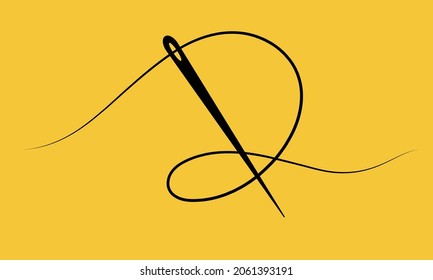 Tailor needle line art concept. Vector illustration on yellow background