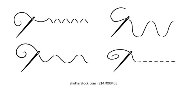 Tailor needle with thread. Hand drawn doodle sketch style sewing needle element. Craft, embroidery tool for textile, sewing shop design. Vector illustration.