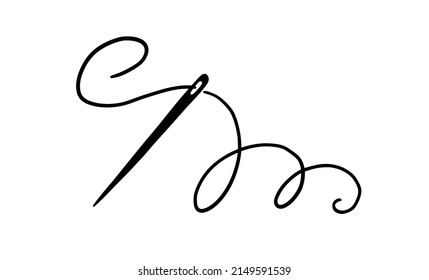 Tailor needle with thread. Hand drawn doodle sketch style sewing needle element. Craft, embroidery tool for textile, sewing shop design. Vector illustration.