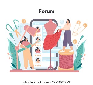 Tailor online service or platform. Fashion designer sewing or fitting clothes. Dressmaker working on power sewing machine. Online forum. Vector flat illustration