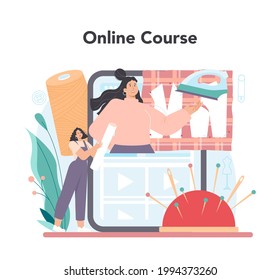 Tailor online service or platform. Fashion designer sewing or fitting clothes. Dressmaker working on power sewing machine. Online course. Vector flat illustration