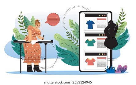 Tailor online service. Woman with sewing machine near mannequin and smartphone. Fashion, trend and style. Seamstress and atelier in workshop. Flat vector illustration isolated on white background