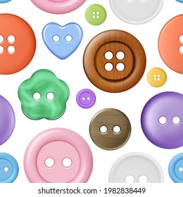 Tailor pattern. Colored buttons with thread sewing fabric textile seamless background design for fashioned clothes decent vector template