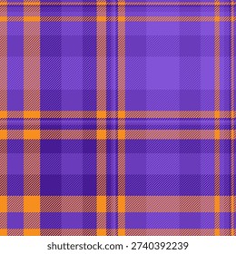 Tailor plaid vector texture, image background check textile. Wedding tartan fabric seamless pattern in violet and orange colors palette.