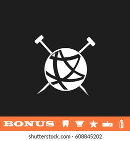 Tailor ravel ball of yarn for knitting icon flat. White pictogram on black background. Vector illustration symbol and bonus button tooth, vase, star, mirror, bottle
